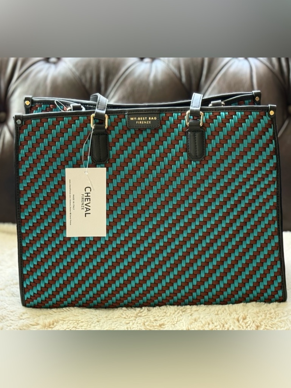 My Best Bag Firenze Woven Tote in Teal and Brown NWT - Unique Gorgeous
